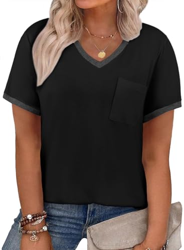 Eytino Women Plus Size Tops V Neck Short Sleeve Striped Causal Loose Blouse Shirts with Pocket(1X-5X)