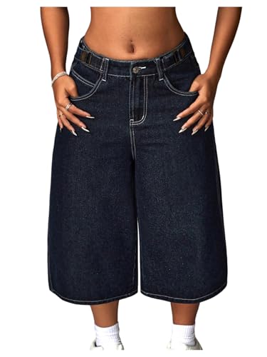 OYOANGLE Women's Wide Leg Cropped Jean Loose Denim Low-Rise Hip Hop Streetwear Capri Jeans