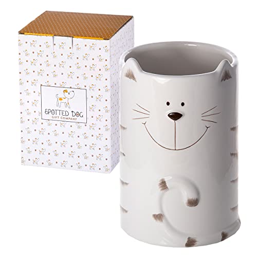 Ceramic Utensil Holder for Kitchen Counter - Utensil Crock for Countertop - Decorative Cat Themed Home Kitchen Decor - Cooking and Baking Cat Lovers Gifts, 4.3" x 6.3" (White)