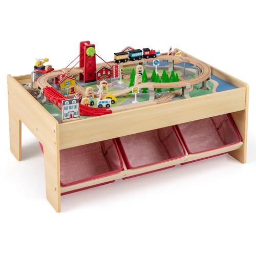 DREAMADE Table de Jeu avec Circuit de Train en Bois 94 Pièces, Table d'Activité Multifonction avec Plateaux Réversibles, 3 Paniers en Tissu Pliables, pour Enfants 3+ Ans