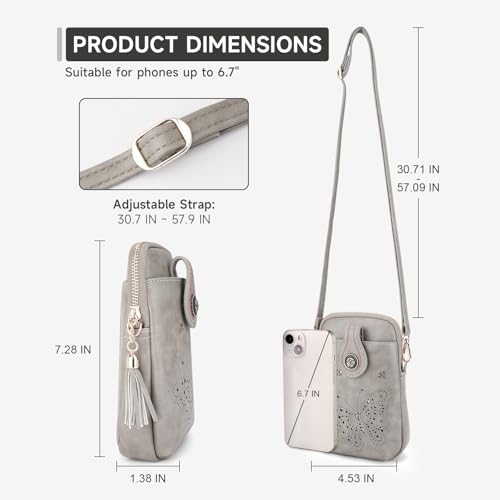 Image of KITEVIUN Small Crossbody Bags for Women, Lightweight Mini Cute Cell Phone Purse for Women with Tassel Shining Butterfly, 04-gray