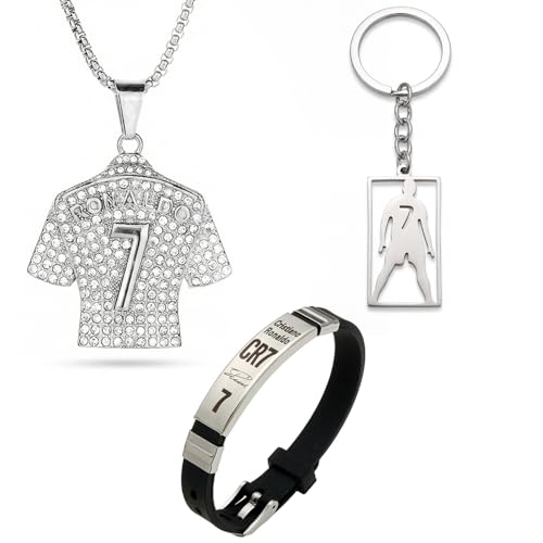 RUIZHUO 3PCS Soccer Bracelet Silver Plated Number7 Pendant Necklace Silicone Sports Wristband Signature Lock Bracelet Football Gifts for Men Fans