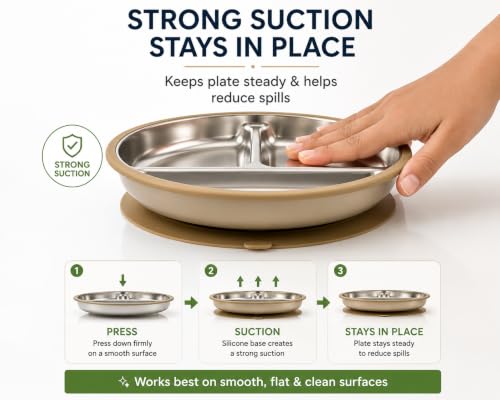 Image of Soreign Stainless Steel Kids Suction Plate with Spoon | Silicone Suction Base Baby Feeding | Non-Slip BPA Free Toddler Self Feeding Plate | Food Grade Set of 1 (Beige)