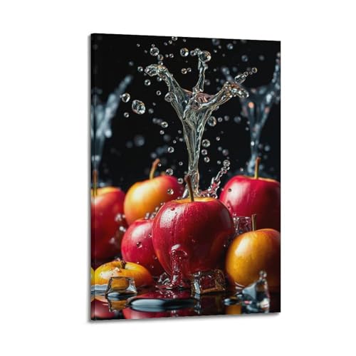 sfjjkh Poster con sfondo nero, motivo: mela con fontana ghiacciata, stampa artistica da parete su tela, per soggiorno e camera da letto, 50 x 75 cm, con cornice