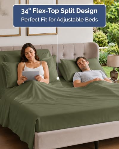 Image of Flex Top Split Head King 6 Piece Piece Sheet Set - Comfy Breathable & Cooling - Soft Hotel Luxury Bedding Set with 8-16 Inch Deep Pockets - 1 Flat & 1 Fitted Sheet & Pillowcases - Sage Green