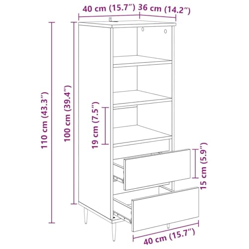 Tabla alta de roble 40x36x110 cm con 3 estantes y 2 cajones para salón y pasillo 3
