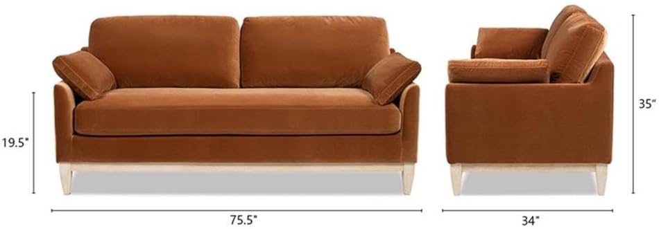 Pemberly Row 75.5" Farmhouse Sofa, Burnt Orange Performance Velvet, Natural Rubberwood Base, Medium Feel Cushion, Removable Covers, Space-Saving Design, Rustic Modern Style for Apartments or Small