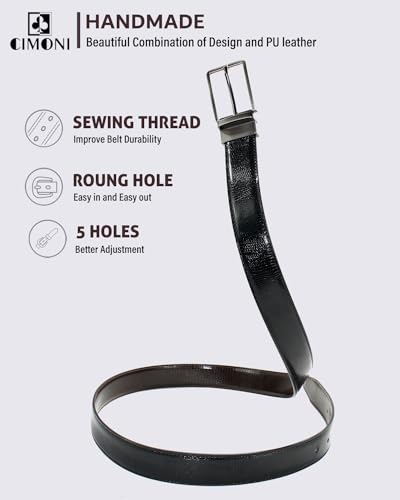 Image of CIMONI Reversible Leather Belt for Men | Genuine Leather & Vegan Leather Pin Buckle Belt | Classic Black /Brown Adjustable Belt for Formal, Business, Office & Casual Wear
