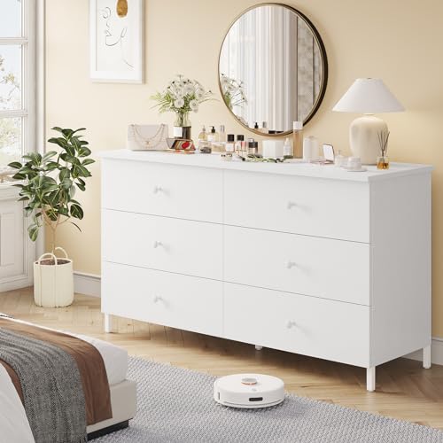 Hasuit 6 Drawers Double Dresser, Wooden Dressers with Heavy Sturdy Steel Frame, Large Capacity Storage Chest of Drawers, White Dresser for Bedroom, Living Room, Entryway - Thumbnail 5