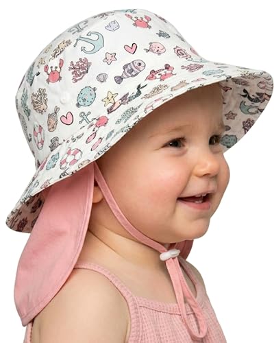 HECKBO Sombrero para niños pequeños con UPF 50+ UV - Sirena - 100% algodón - 6-24 Meses - Sombrero UV para niños - Correa de Barbilla Ajustable - Sombrero de bebé para niñas