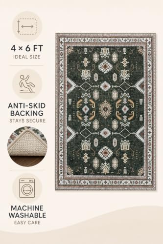 Image of CASA-NEST Premium Velvet Print Carpet (4x6 ft), Non-Slip Rubber Bottom, Durable Vintage Tribal Floor Mat for Bedroom - Antique Green Ethnic