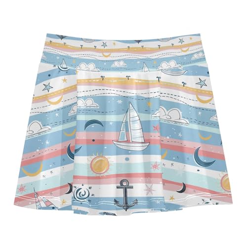 visesunny Girl's Golf Skirt Athletic Linear Sunboat Anchor Pattern Tennis Skort Sport Activewear with Double Layer Pockets