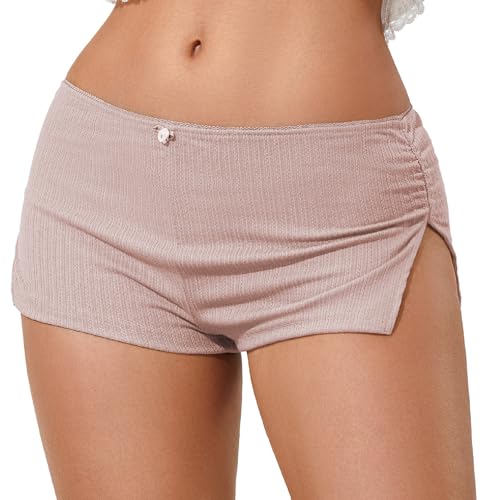 Image of KMBANGI Y2k Sexy Micro Shorts for Women Low Waist Side Slit Boyshort Slim Booty Shorts Lounge Pj Bottom Cute Sleepwear