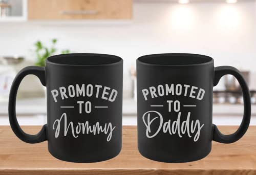Pregnancy Gift Promoted To Mommy - Promoted To Daddy 11 Oz Mug With Silver Text - Top Mom And Dad Gift Set For New And Expecting Parents To Be - Baby Shower Idea #TOP1