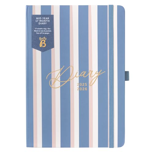 Busy B A5 Diary, Mid-Year 17 Month Aug '25, Dec '26, Stripe Academic Diary, Week to View Planner with Pen Loop