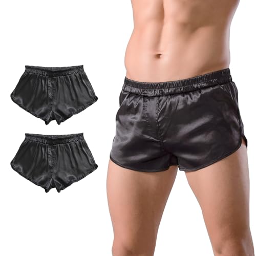 Consejos para Comprar Hombre en Boxer en Casa favoritos de las personas. 48 GENEMEN Bóxer de seda satinada para hombre, pantalones cortos sexis de estar por casa con entrepierna de 7,6 cm, calzoncillos tipo bóxer sedosos (negro + negro, L)