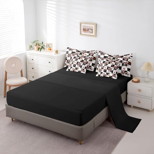 Image of 7 Pcs Baseball Cherry Bow Bedding Sets with Sheets,Comforter,Pillowcases,Pillow Covers Checkered Bowknot Sports Style Comforter Set Black White Patchwork Grid Bedroom Dorm Decor Bed Set,King Size