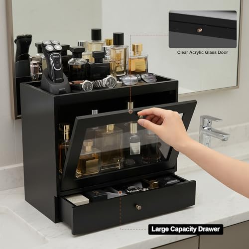 Image of Cologne Organizer for Men Women,Perfume Stand Holder,Cologne Shelf, Solid Wood Cologne Stand with Drawer Storage and Clear Window,Organizador de Perfumes,Perfume Stand Organizer,Black