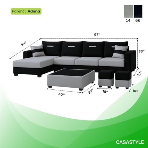 Image of CASASTYLE Dreamon 8 Seater Fabric LHS L Shape Sofa Set with 1 Centre Table & 2 Puffy (Light Grey-Black) | Velvet Finish | Comfortable Sectional Sofa for Living Room
