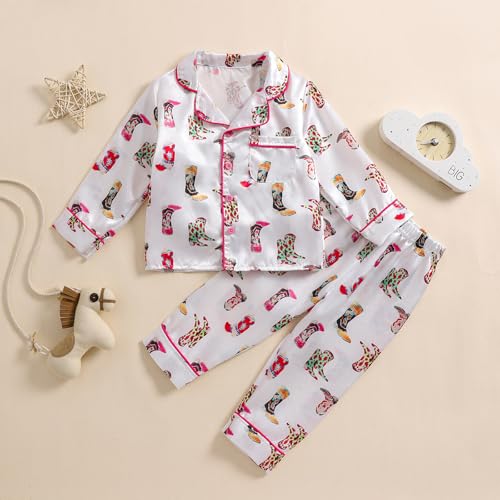 MAINESAKA Toddler Girls Pajamas Set Western Cowboy Long Sleeve Button-Down Pjs Top Pants Set Kids Fall Loungewear Sleepwear2