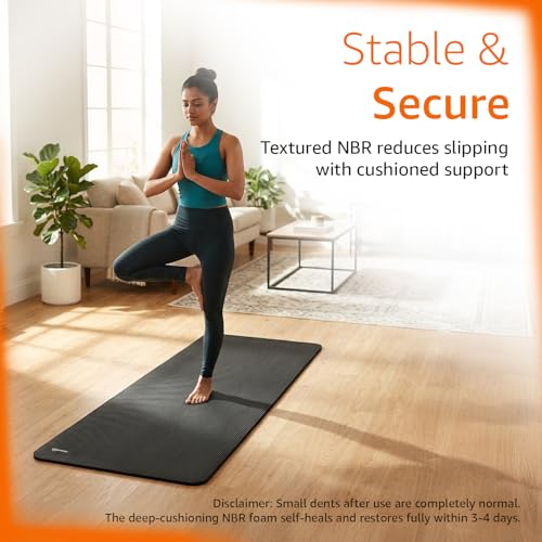 Image of Amazon Basics NBR Yoga & Exercise Mat with Carrying Strap | 10 mm Thick Cushioned Support | Non-Slip Textured Surface | Durable Foam Rubber Material | Floor Protection | Ideal for Yoga, Pilates & Home Workouts | 183 x 61 cm | Black