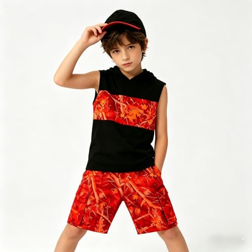 Image of Size 6-12 Years Boys Summer Clothes Hooded Sleeveless Tank Tops Workout Shorts 2 Piece Set Fashion Outfits