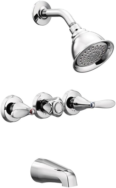 വിശദമായി view of Moen 82663 faucet handles and showerhead