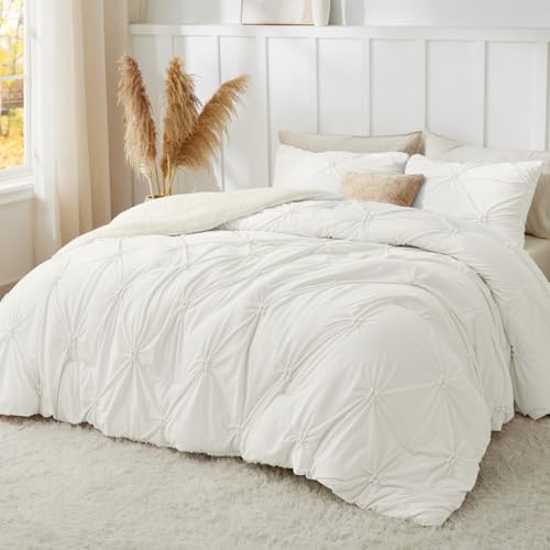 Image of BEDELITE Fluffy Sherpa King Comforter Set,Pintuck-White | Super Soft & Warm Fleece Bedding, Luxury Fuzzy Comforter for Winter, Heavy Plush Bedding Set,2 Pillowcases