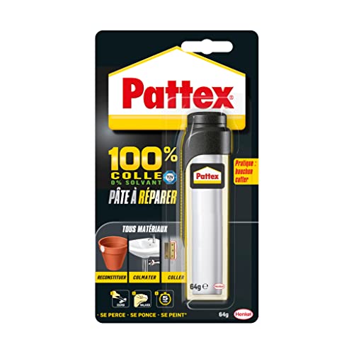 Pattex 100% Pâte à réparer multi-usages, Pâte epoxy bi-composante pour collages sur de multiples matériaux, permet de reconstituer de la matière, pâte peignable & ponçable, tube de 64 g