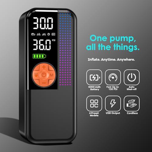 Image of Portable Tire Inflator Air Compressor, 150 PSI Cordless Air Pump, 6000mAh Battery & 12V Car Outlet, Digital Pressure Gauge, Auto Shut-Off, Fast 24L /Min, LED Light, 4 Preset Modes for Car, Bike, Balls