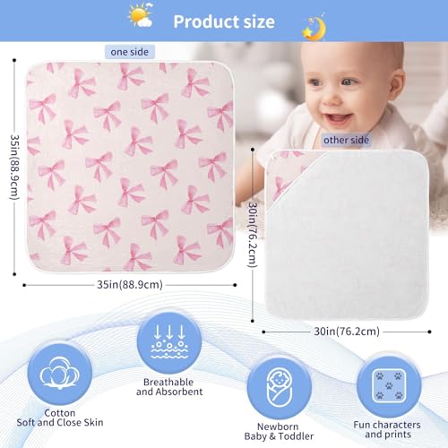 Image of Burbuja Pink Bow Baby Bath Towel - Soft Absorbent Muslin Cotton Hooded Towel for Newborn Infant Toddler, 30x30 in