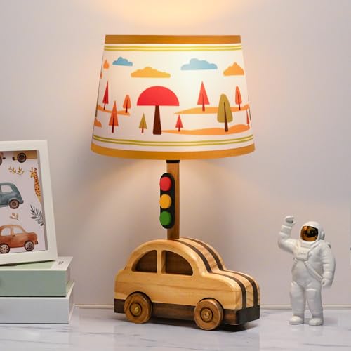 Image of crossmoon Kids' Dimmable Table Lamp, UL/ETL Certified Child Safe Natural Wood Car Stoplight Creative Design, 15 Inch Tall Handmade Small Nursery Lamp, Gift for Toddler Boys Girls (Car)