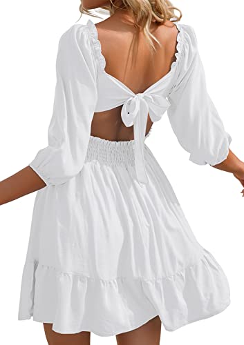 Phortric Womens Summer Tie Back Dress Square Neck Lantern Sleeve Off Shoulder Casual Mini Dresses