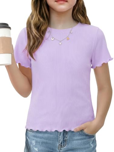 Demegimi T-Shirt Mädchen Kurzarm Sommer Gerippt Oberteil Rundhals Shirt mit Rüschen Weiches Basic Top Freizeitshirt 5-14 Jahre