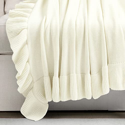 Image of Lush Decor Reyna Soft Knitted Ruffle Throw Blanket, 50 inch W x 60 inch L, Ivory - Modern Farmhouse Ruffle Blanket - Cozy Chic Blanket For Bed, Couch, or Chair