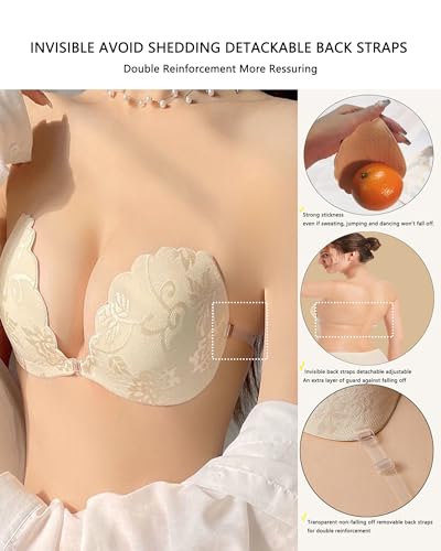 Image of Adhesive Bra Push up Strapless Sticky Invisible Upgrade Lace Bras for Women Dress Backless with Detachable Strap Nipple Cover