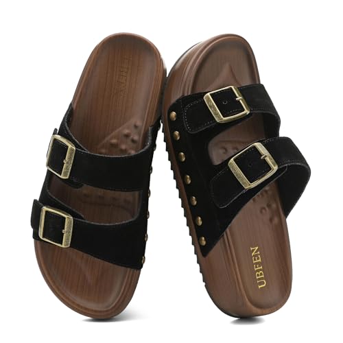 Image of UBFEN Womens Platform Slide Sandals | Real Leather,Buckle Sandals with Cushioned Flatform Footbed,Comfortable for Walking,Arch Support,Casual Styling