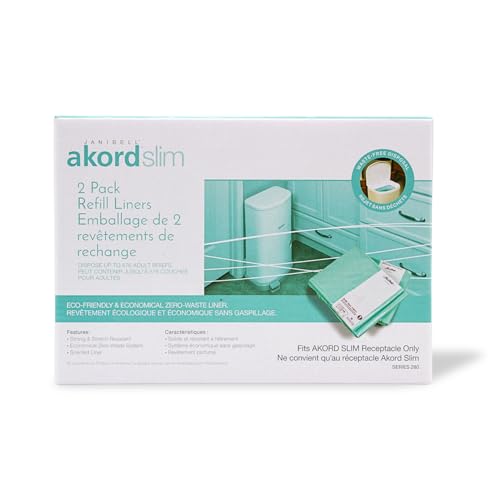 Janibell Akord Slim Adult Diaper Pail Refill Liners 2 Count Fits Akord 280 Slim Odor Locking Easy Cut & Tie Hands-Free Continuous Liner System Each 2-Pack Holds Up to 576 Adult Diapers