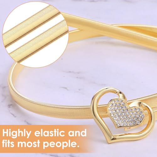 Women Skinny Metal Waist Belt, Elastic Heart Shaped Rhinestone Chain Belt Crystal Rope Belt for Dress2