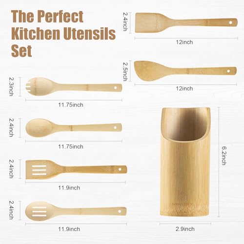 Bamboo Wooden Spoons for Cooking 7 Piece - Bamboo Cooking Utensils Set with Holder Wooden Spoons Spatula for Cooking Nonstick Wood Kitchen Utensil Set (7 Pcs) - Image 3