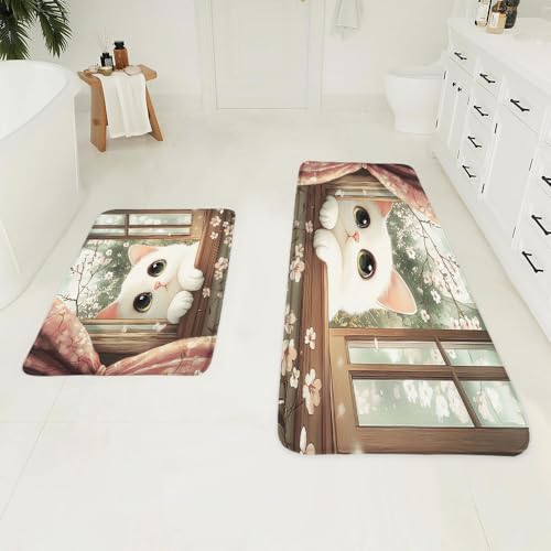 2-Piece Cute Pink Cherry Blossom Cat Memory Foam Bath Mat