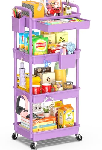 SUNALLY 4 Tier Rolling Cart with Drawer,Craft Storage Cart Organizer,Purple