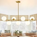 43.3' Modern Linear Chandeliers for Dining Room Pendant Light (7-Light, 43.3-Inch), Gold Dining Room Light Fixture Over Table with Bubble Globe, Mid Century Sputnik Chandelier (Bulbs not Included)