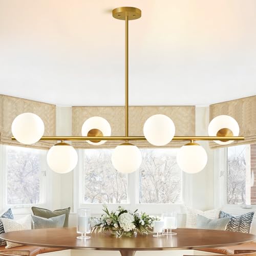 43.3" Modern Linear Chandeliers for Dining Room Pendant Light (7-Light, 43.3-Inch), Gold Dining Room Light Fixture Over Table with Bubble Globe, Mid Century Sputnik Chandelier (Bulbs not Included)