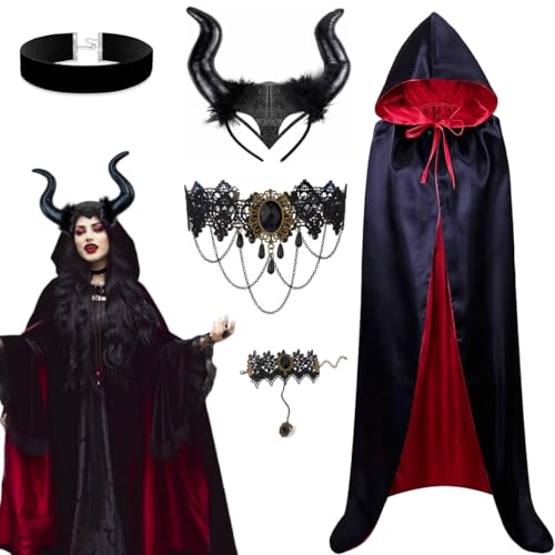 YuhoWon Deguisement Carnaval Maléfique Femme, Malefiicent Costume Fille Cornes de Démon Gothique avec Cape, Choker, Colliers & Bracelet per Accessori