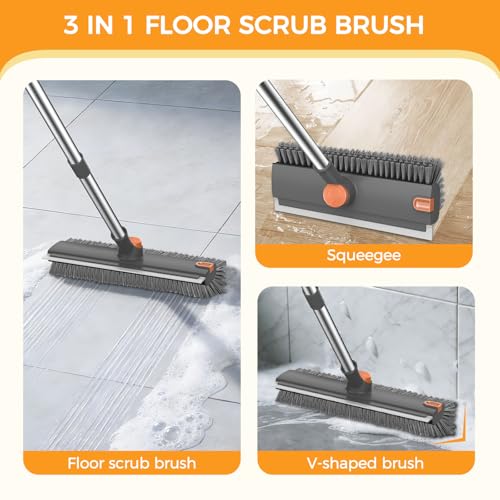 Image of SetSail Floor Scrub Brush, 3 in 1 Floor Scrub Brush with 54-in Adjustable Long Handle and Scraper Heavy Duty Stiff Bristle Floor Scrubber for Cleaning Shower Bathroom Kitchen Patio Garage, Grey&Orange