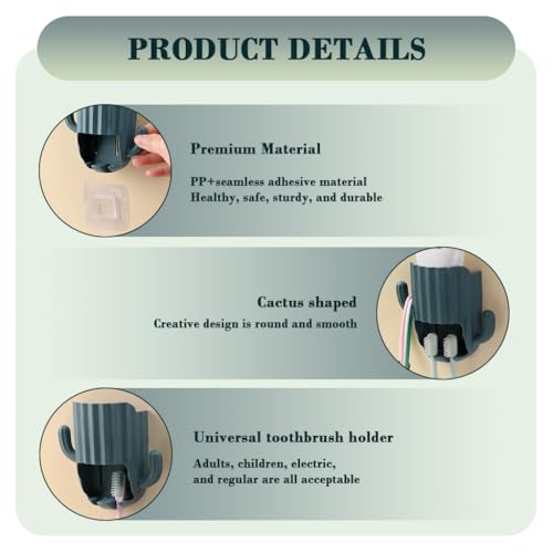 Image of HASTHIP 2Pcs Bathroom Toothbrush Holder, Self-Adhesive Toothpaste Holder, Toothbrush Holders for Bathroom Wall, Dual Toothbrush Slots, Cartoon Cactus Toothpaste Storage Holder, Green & Blue
