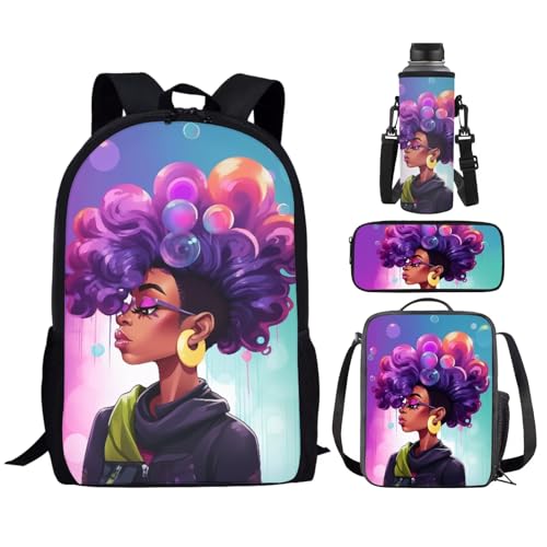 TSOVTHRID Juego de 4 mochilas escolares para niña africana, bolsa de almuerzo, funda para taza de agua, estuche para bolígrafos, Mujer africana - 4