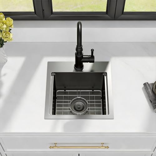Image of Kichae Black Drop In Bar Sink- 15x15 Small Overmount Topmount Stainless Steel Single Bowl Ledge Workstation Bar Prep Handmade Basin