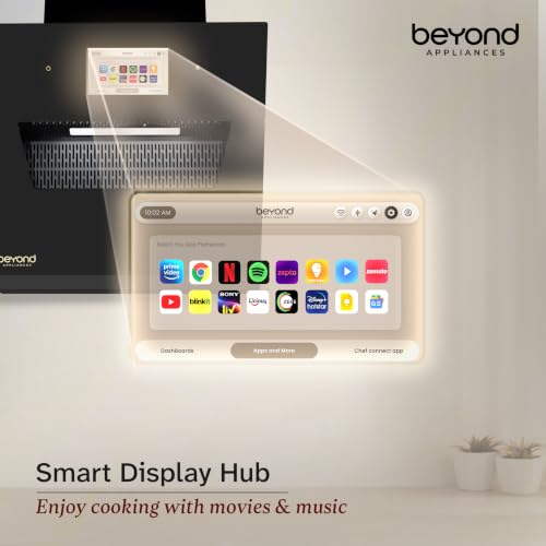 Image of Beyond Appliances Eris 60cm BLDC Kitchen Chimney | 1800 CMH Suction | Auto Clean | Filterless | Smart Touchscreen Display | Touch Control | Slant | Black